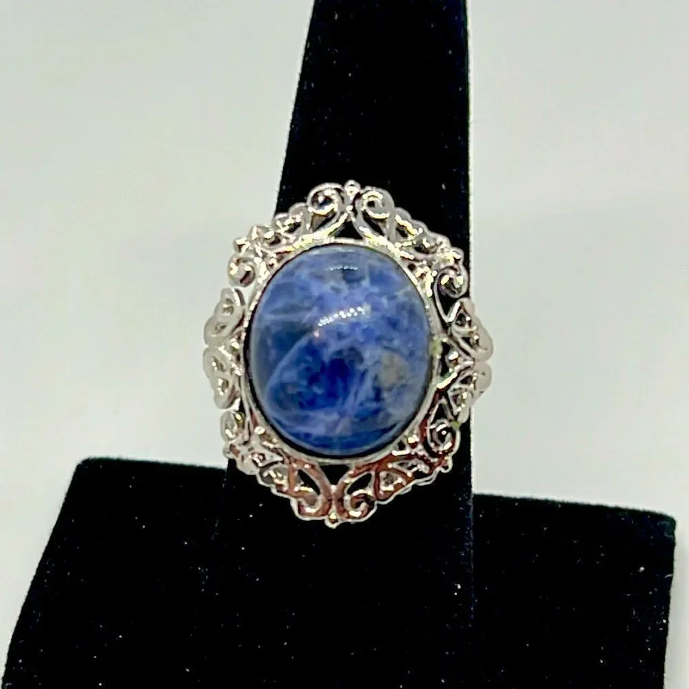 Beautiful Vintage Silver Ring With Blue Marbled Stone